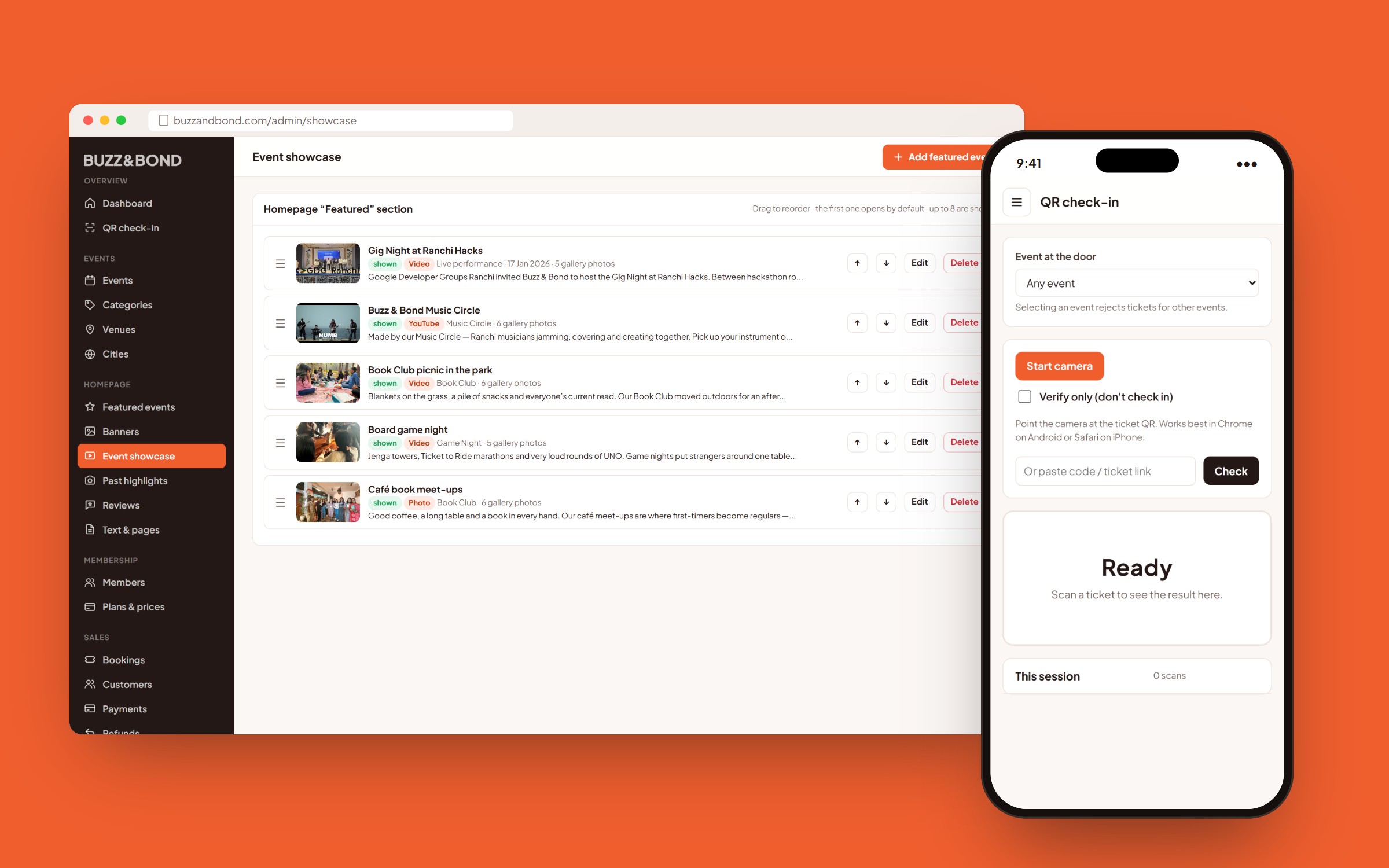 Homepage Event showcase editor on desktop and QR check-in scanner on a phone