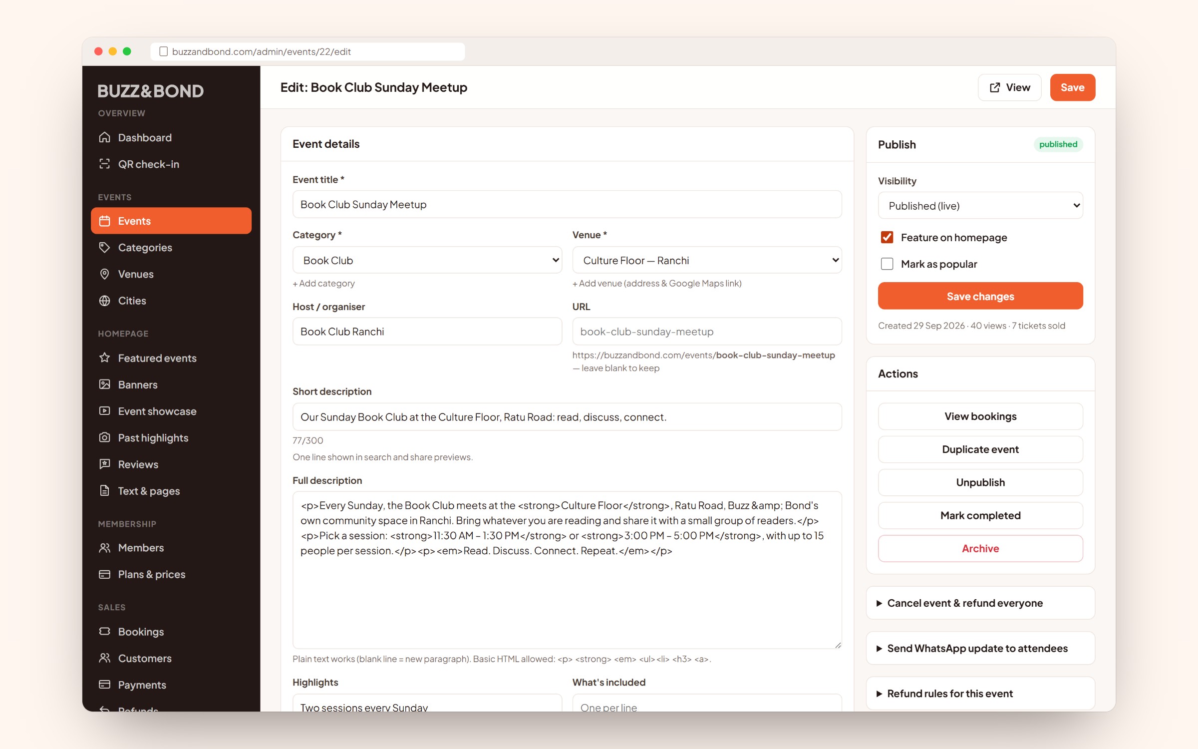 Buzz & Bond admin event editor with event details, publish settings and one-click actions