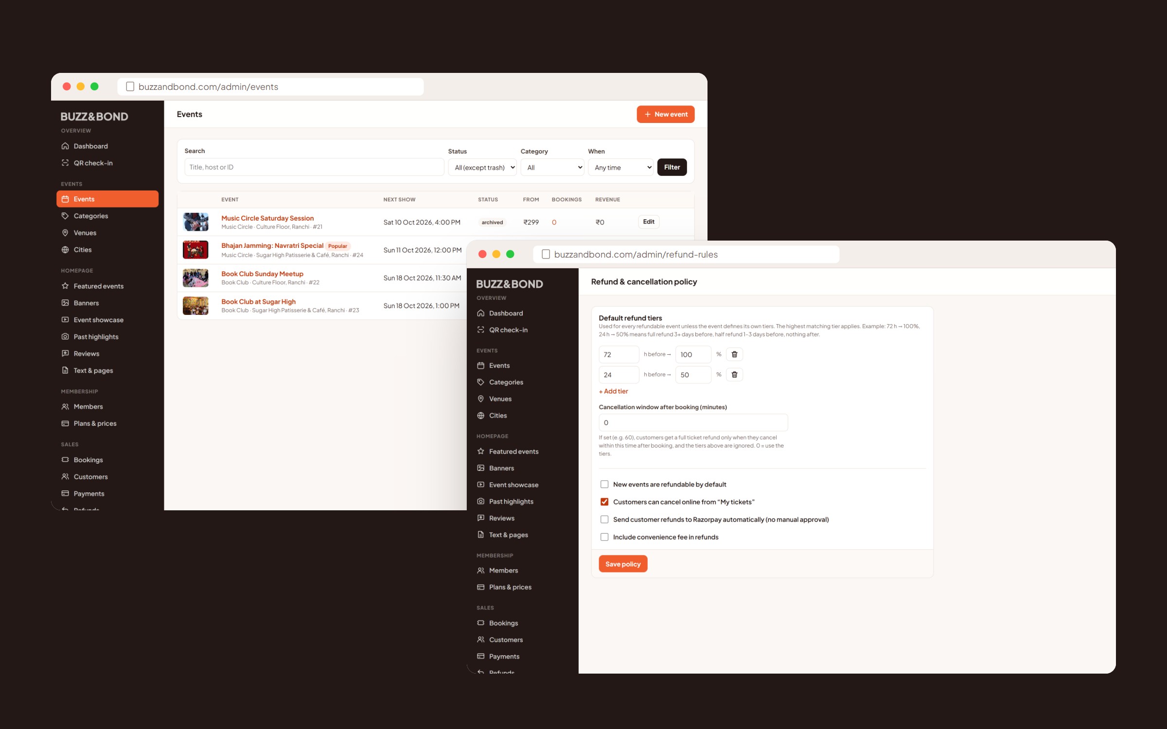Admin events list and refund and cancellation policy settings