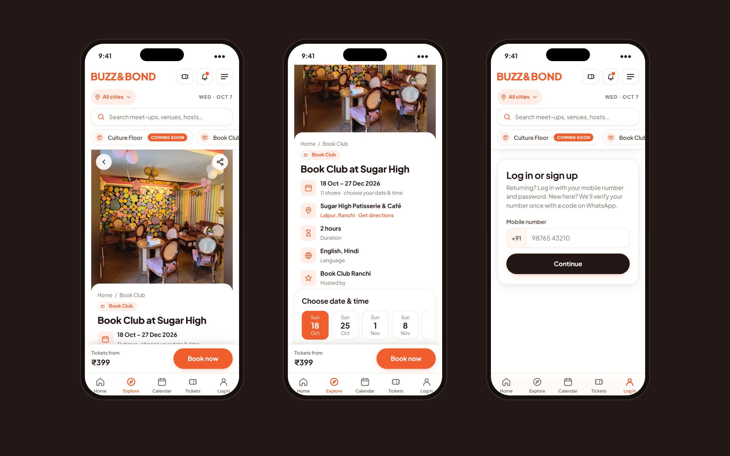 Three phones showing an event page, the date and time picker with the Book now bar, and the WhatsApp mobile login