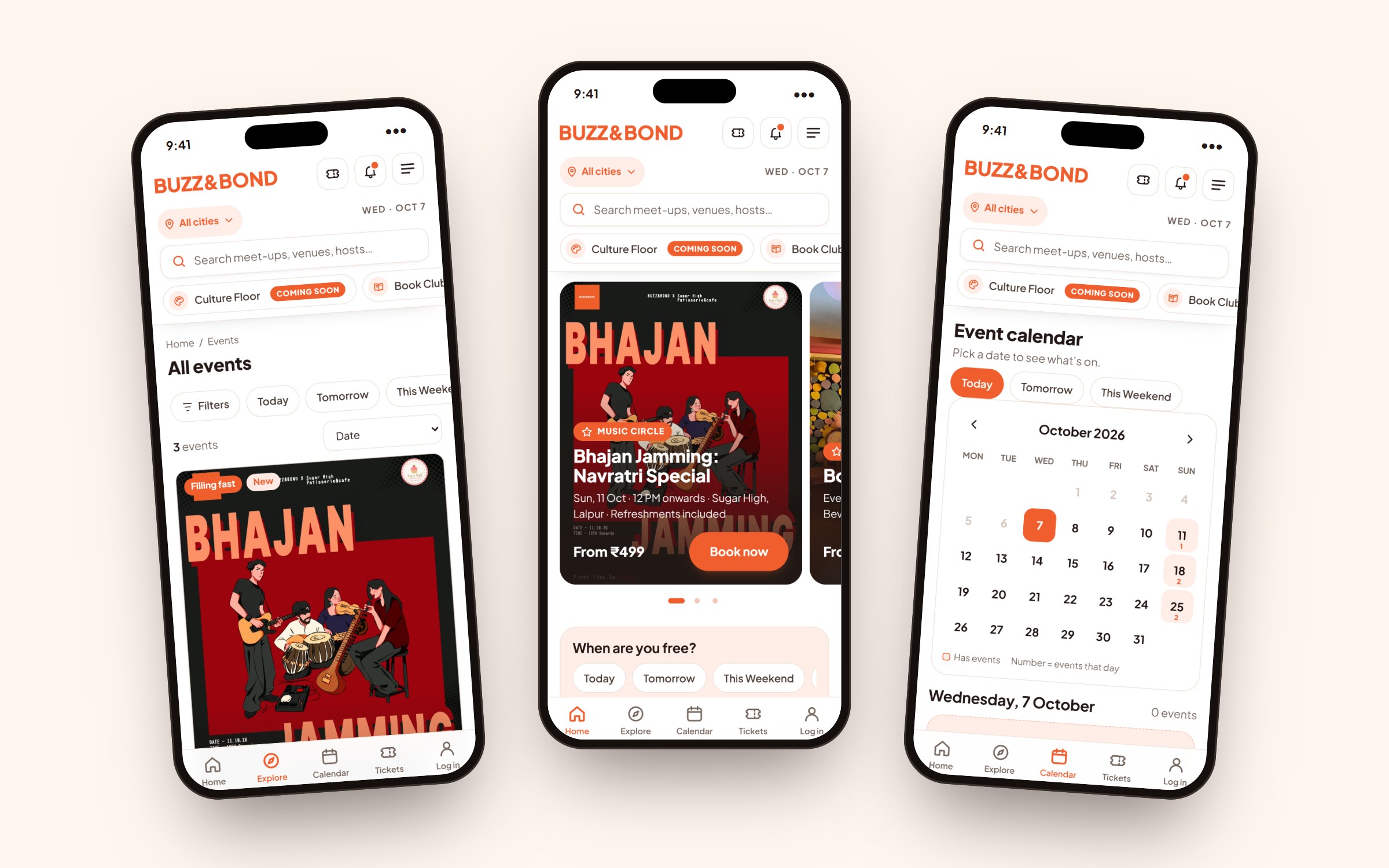 Three phones showing the Buzz & Bond events list, homepage and event calendar