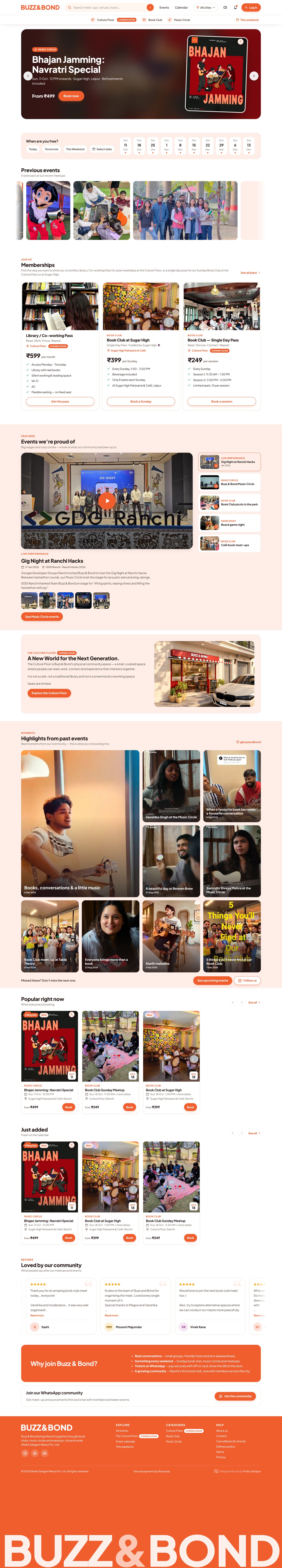 The full Buzz & Bond homepage: featured events, date picker, memberships, past highlights, reviews and footer