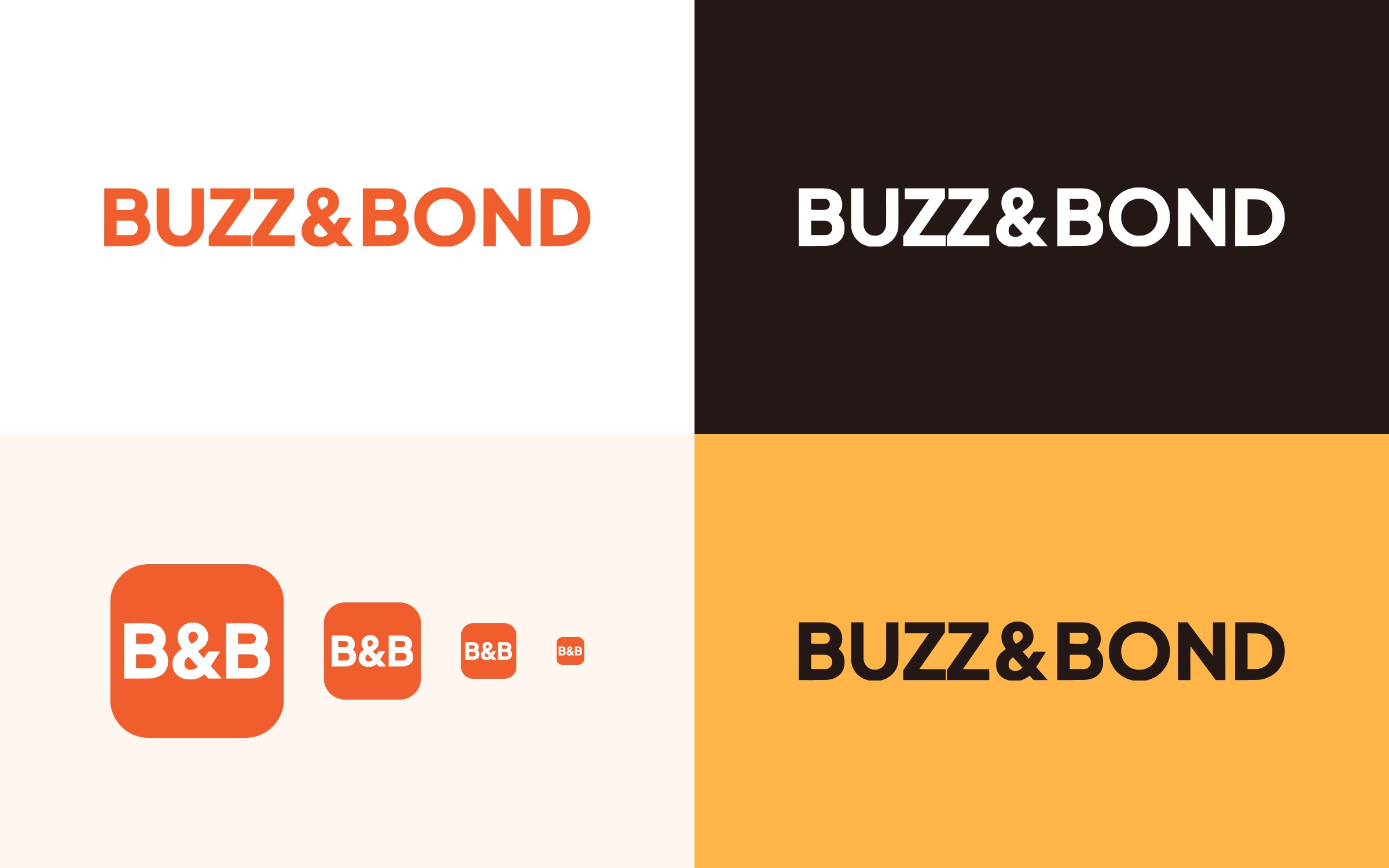 Buzz & Bond wordmark on white, espresso and marigold, and the B&B monogram at four sizes