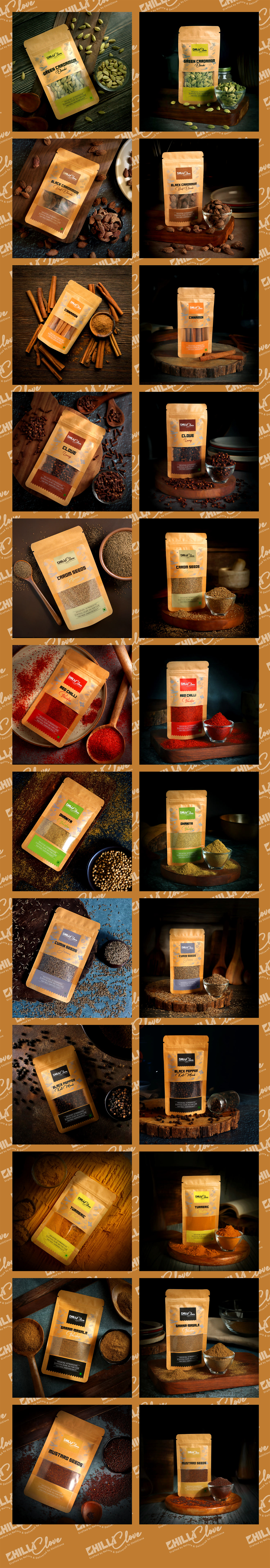 Full ChilliClove spice packaging range including cardamom, cinnamon, clove, cumin, chilli, turmeric and garam masala