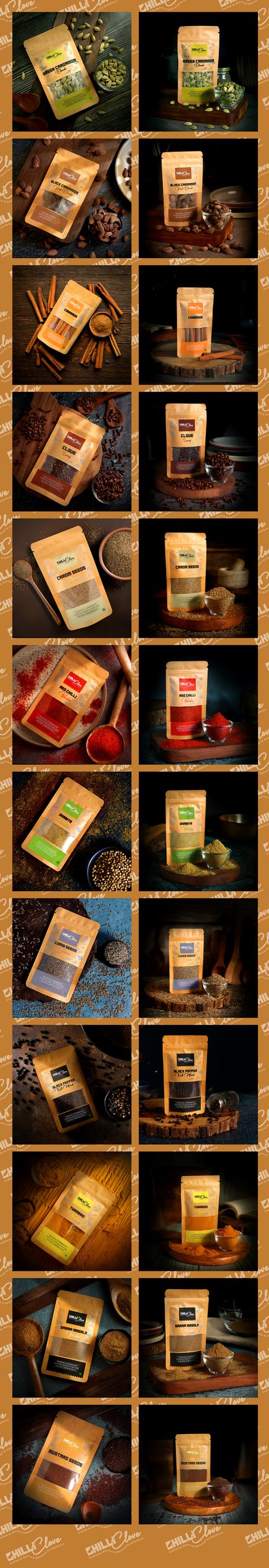 Full ChilliClove spice packaging range including cardamom, cinnamon, clove, cumin, chilli, turmeric and garam masala