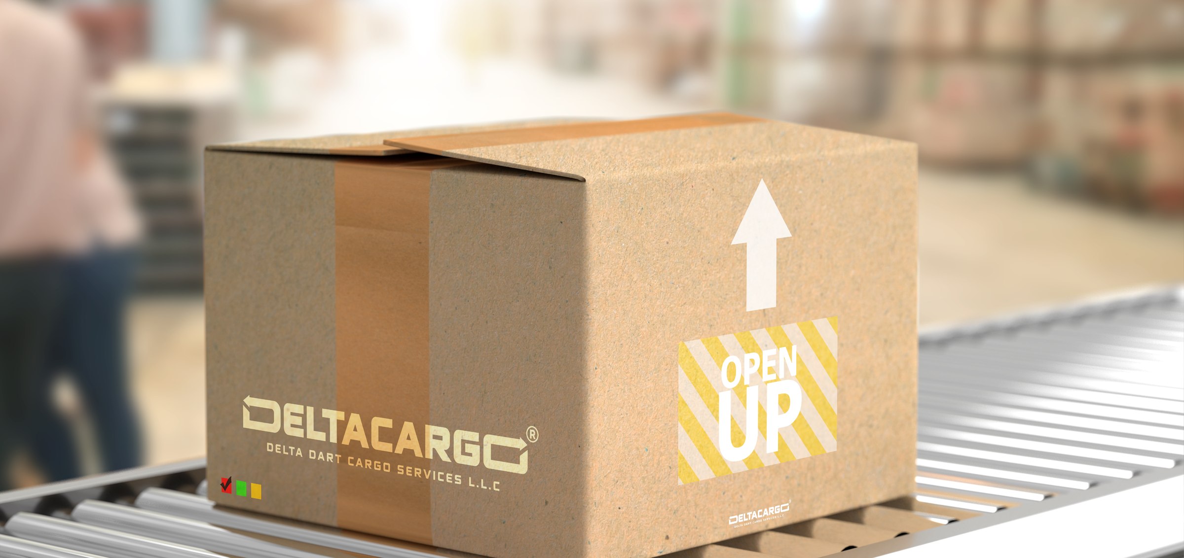 Delta Cargo branded shipping box on a conveyor belt