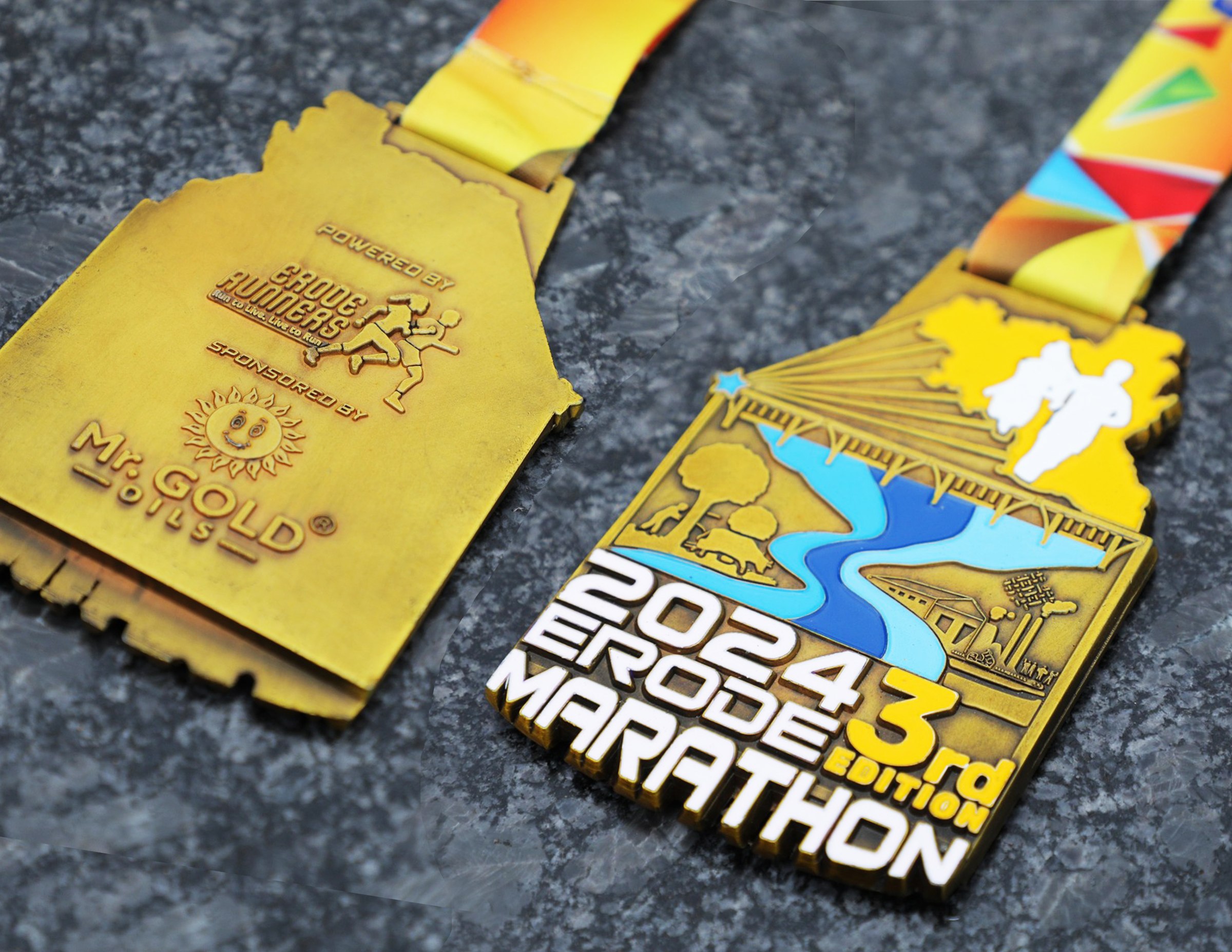 Erode Marathon finisher medal, front and back detail