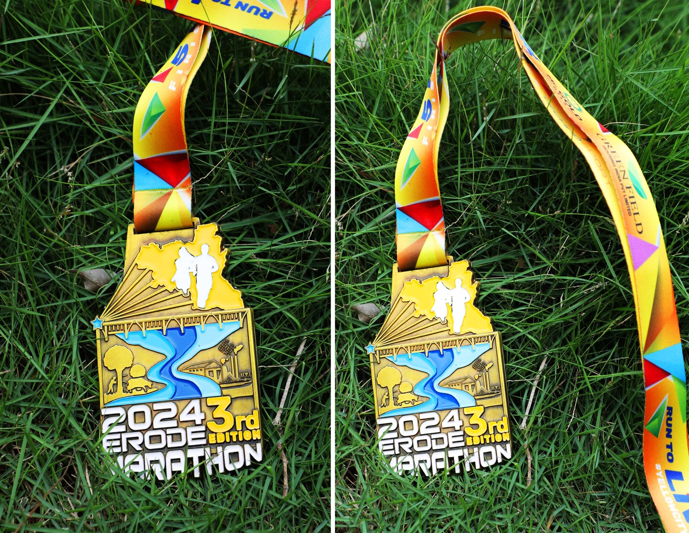 Erode Marathon medal and ribbon photographed outdoors