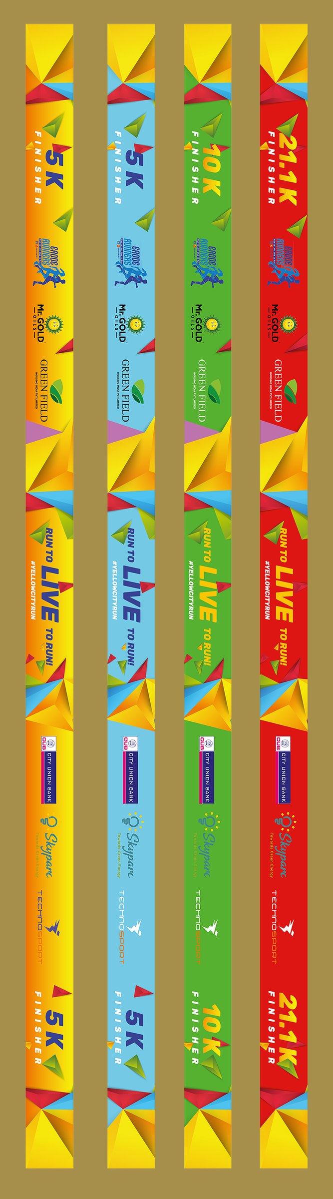 Erode Marathon finisher ribbons for 5K, 10K and 21.1K categories
