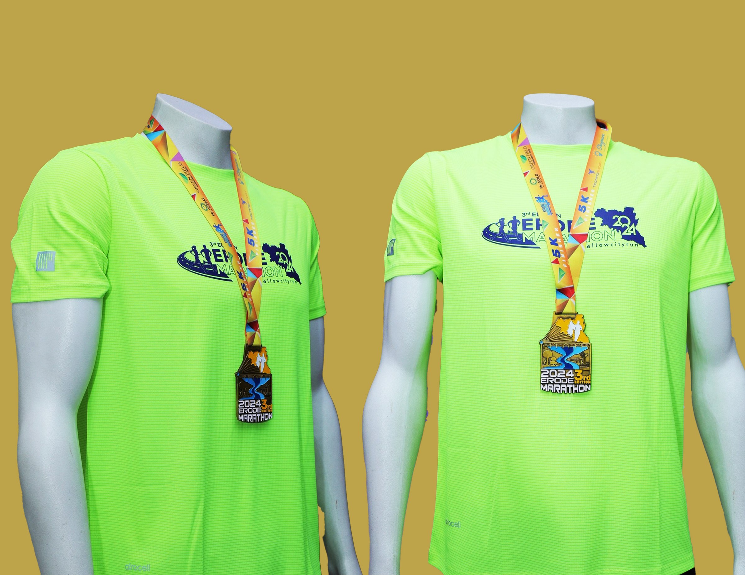 Erode Marathon finisher t-shirt and medal, gold colourway