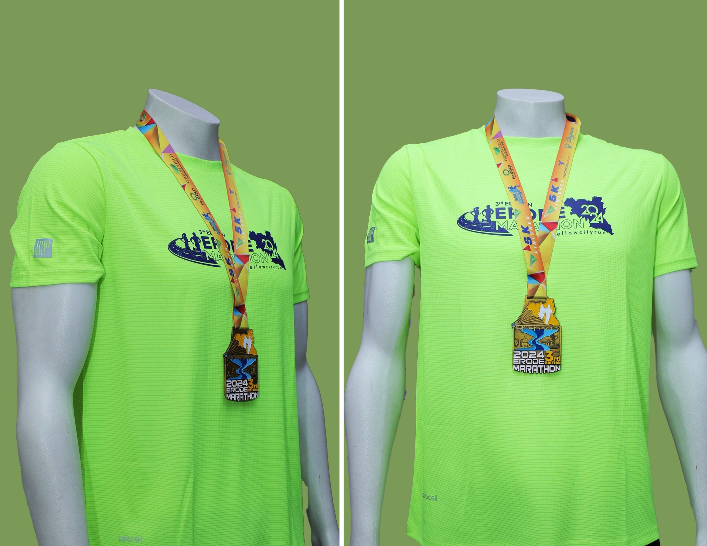 Erode Marathon finisher t-shirt and medal, olive colourway