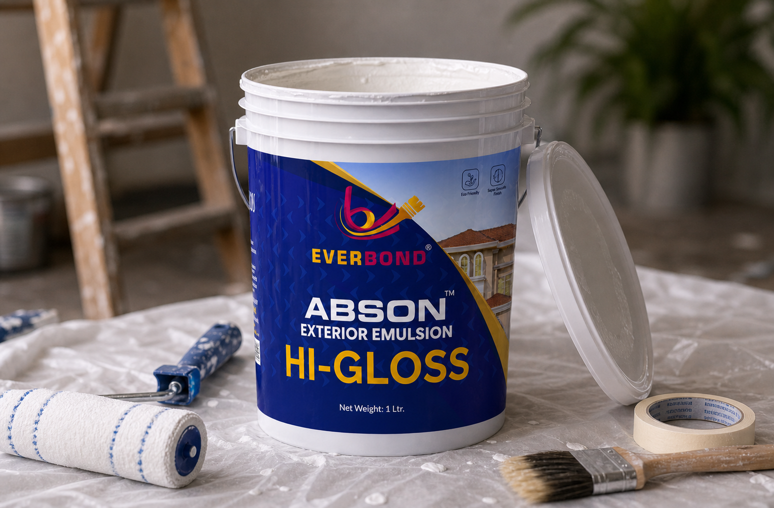 Everbond paint bucket with roller and ladder