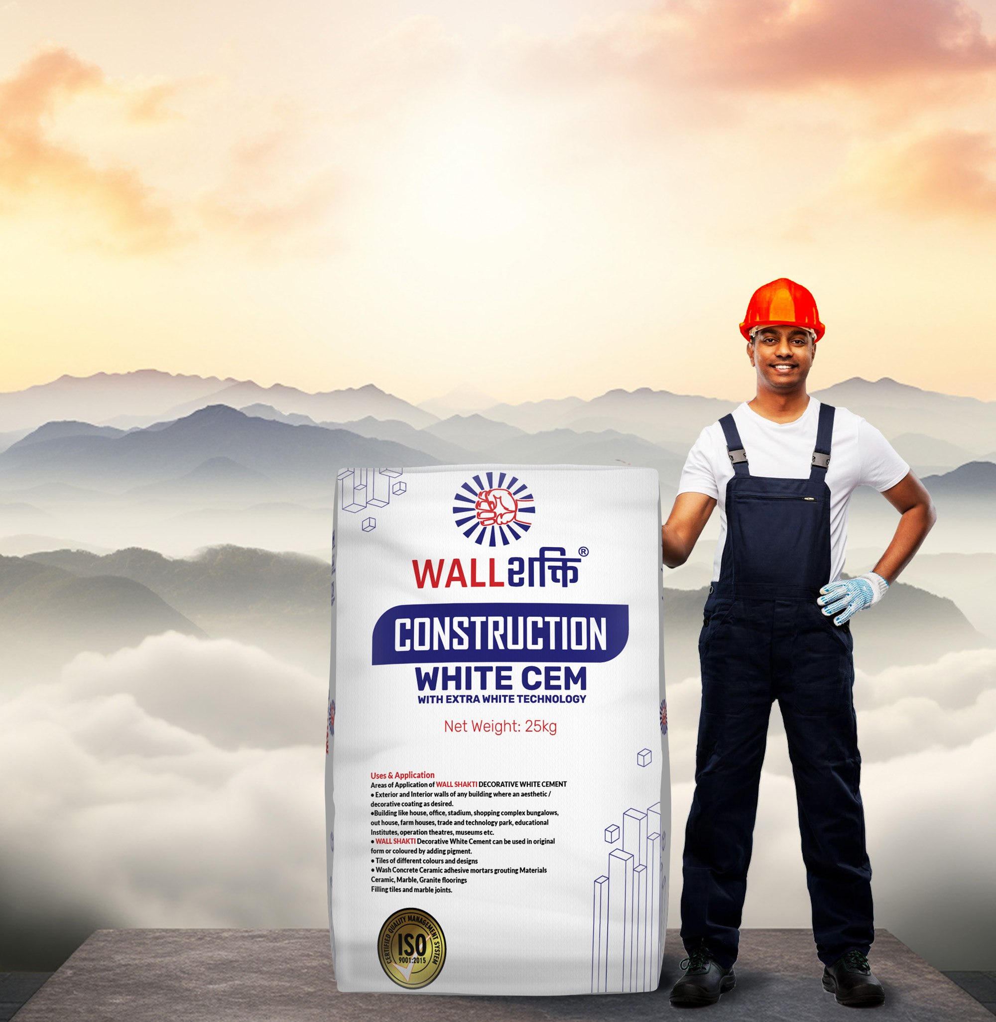 Everbond Wall Shakti construction cement bag on a mountain backdrop