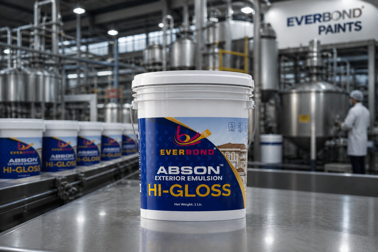 Everbond Abson Hi-Gloss paint bucket on a factory production line