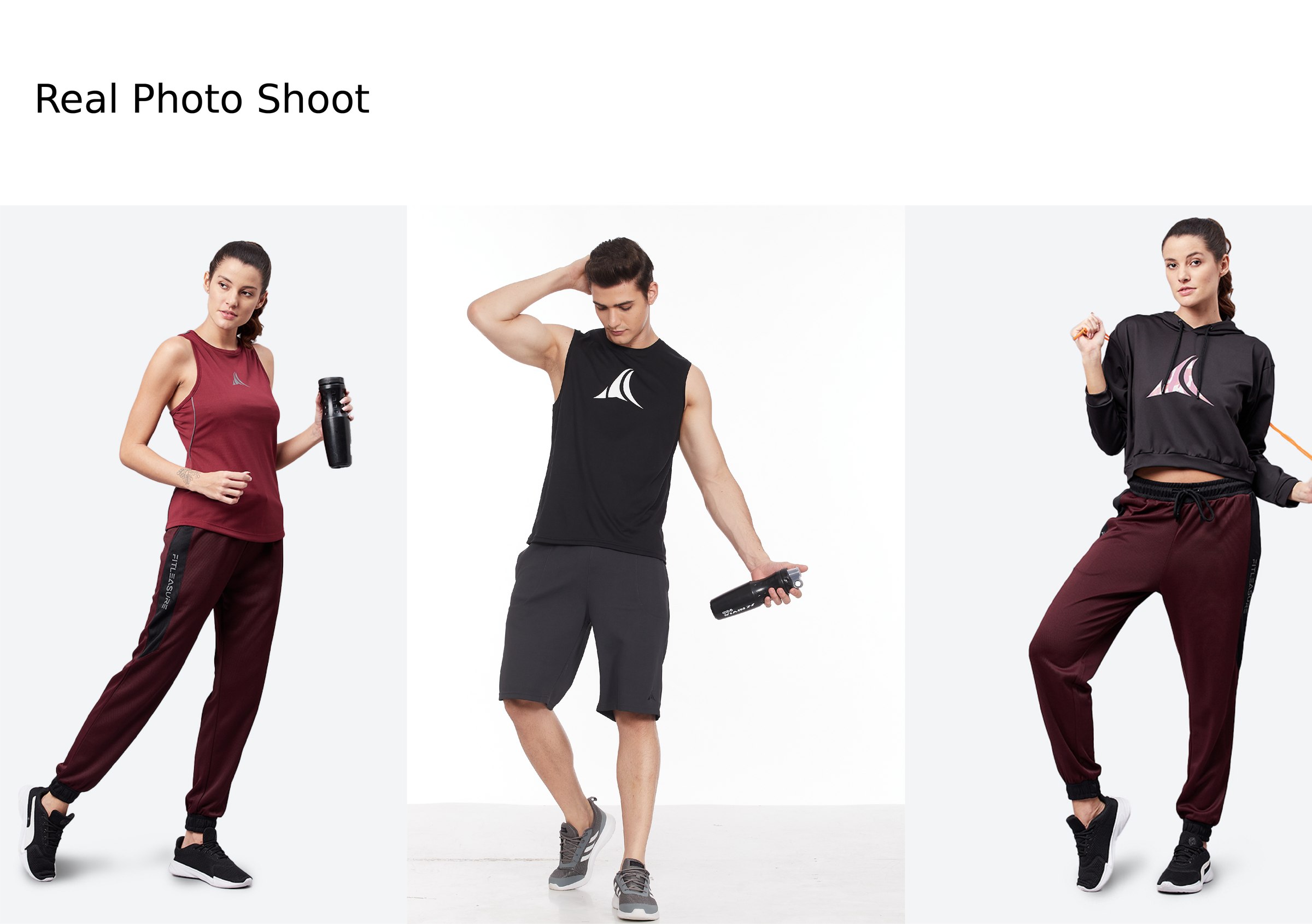 Fitleasure real photo shoot of apparel including joggers, tank tops and hoodies