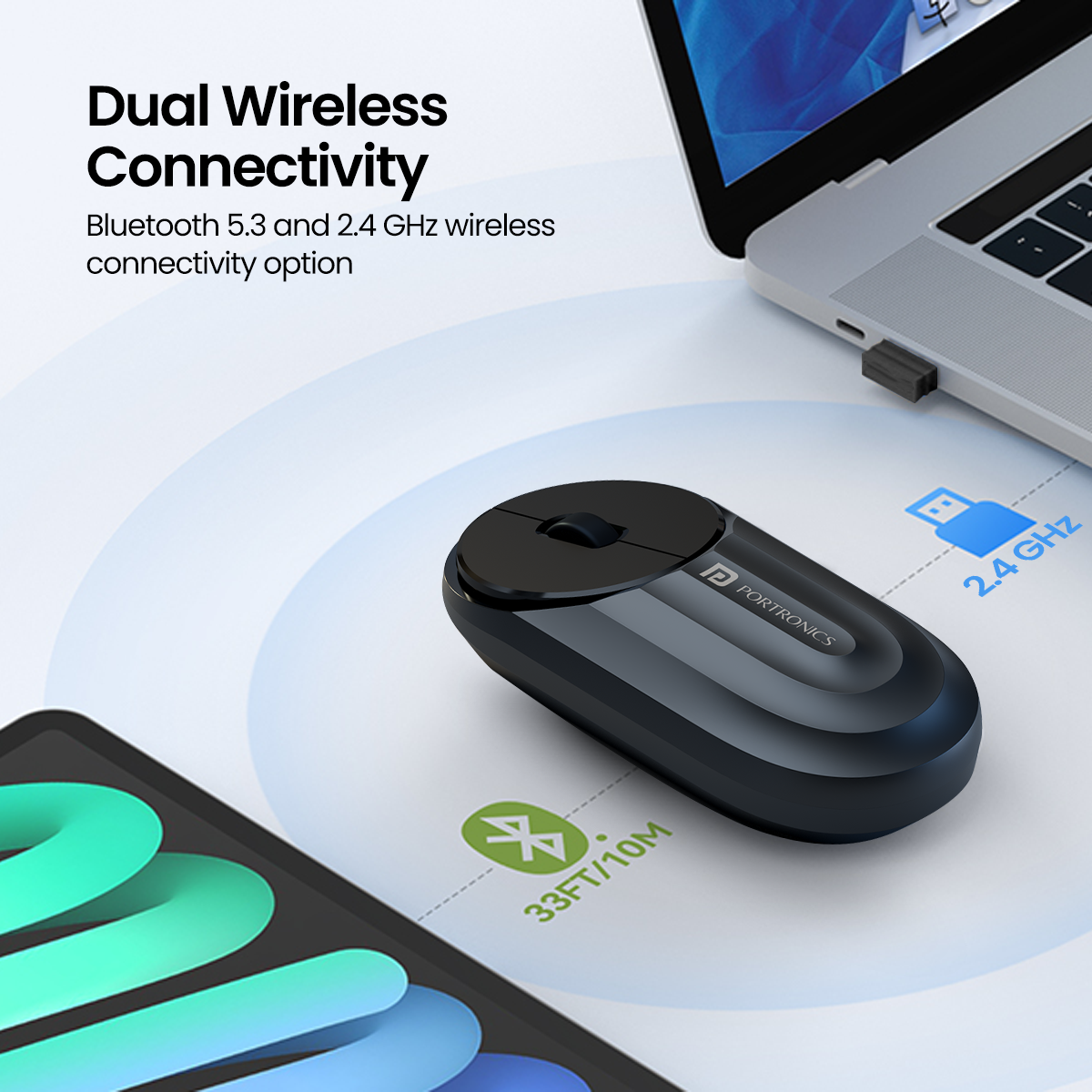 Portronics mouse dual wireless connectivity infographic