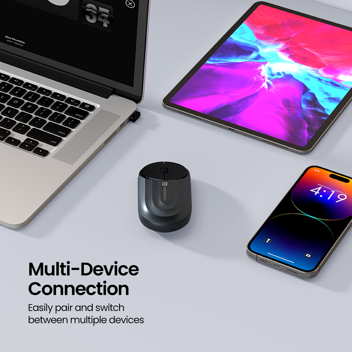 Portronics mouse multi-device connection infographic