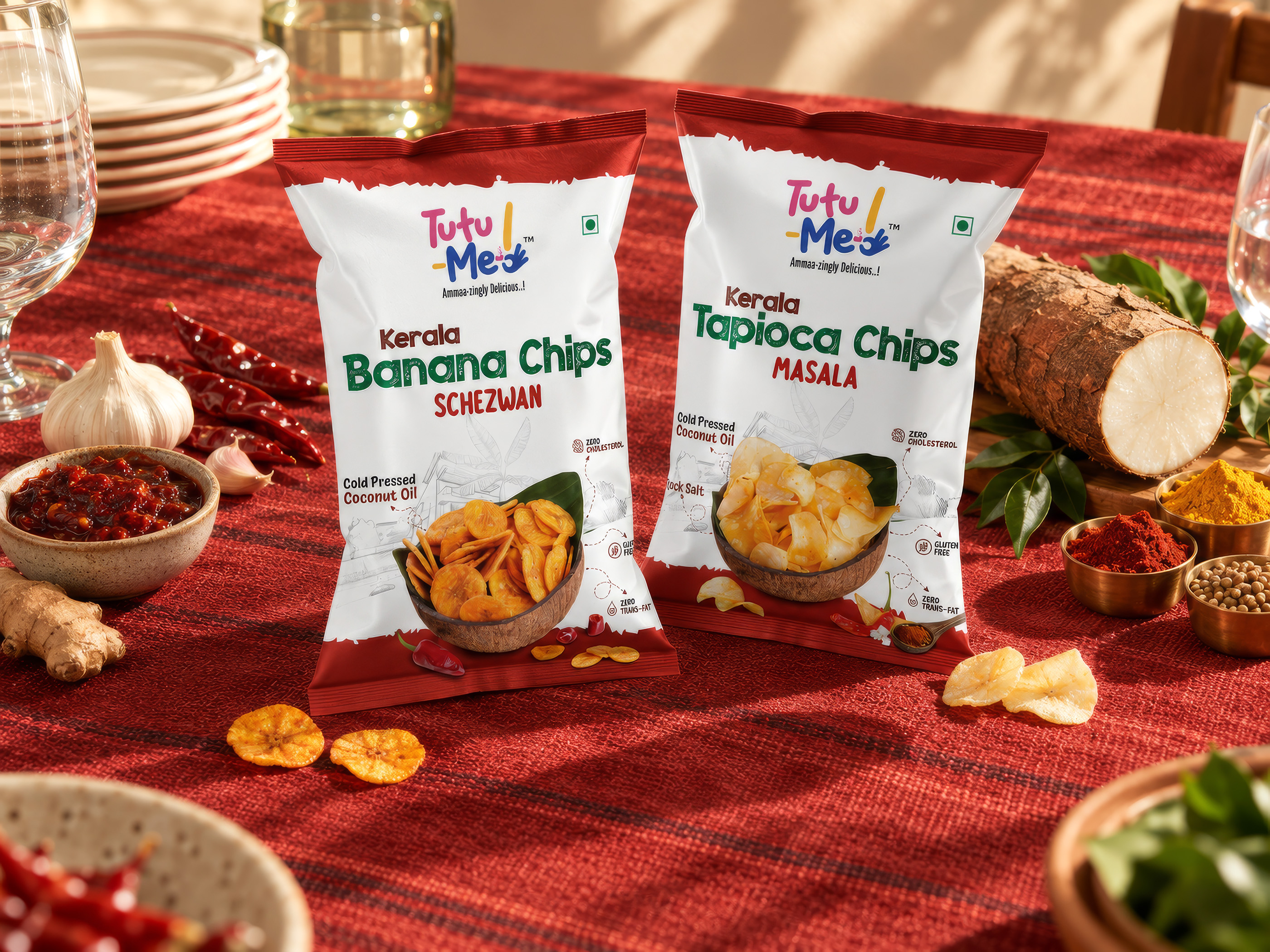 Tutu Me Banana Chips Schezwan and Tapioca Chips Masala packs styled with spices and fresh tapioca