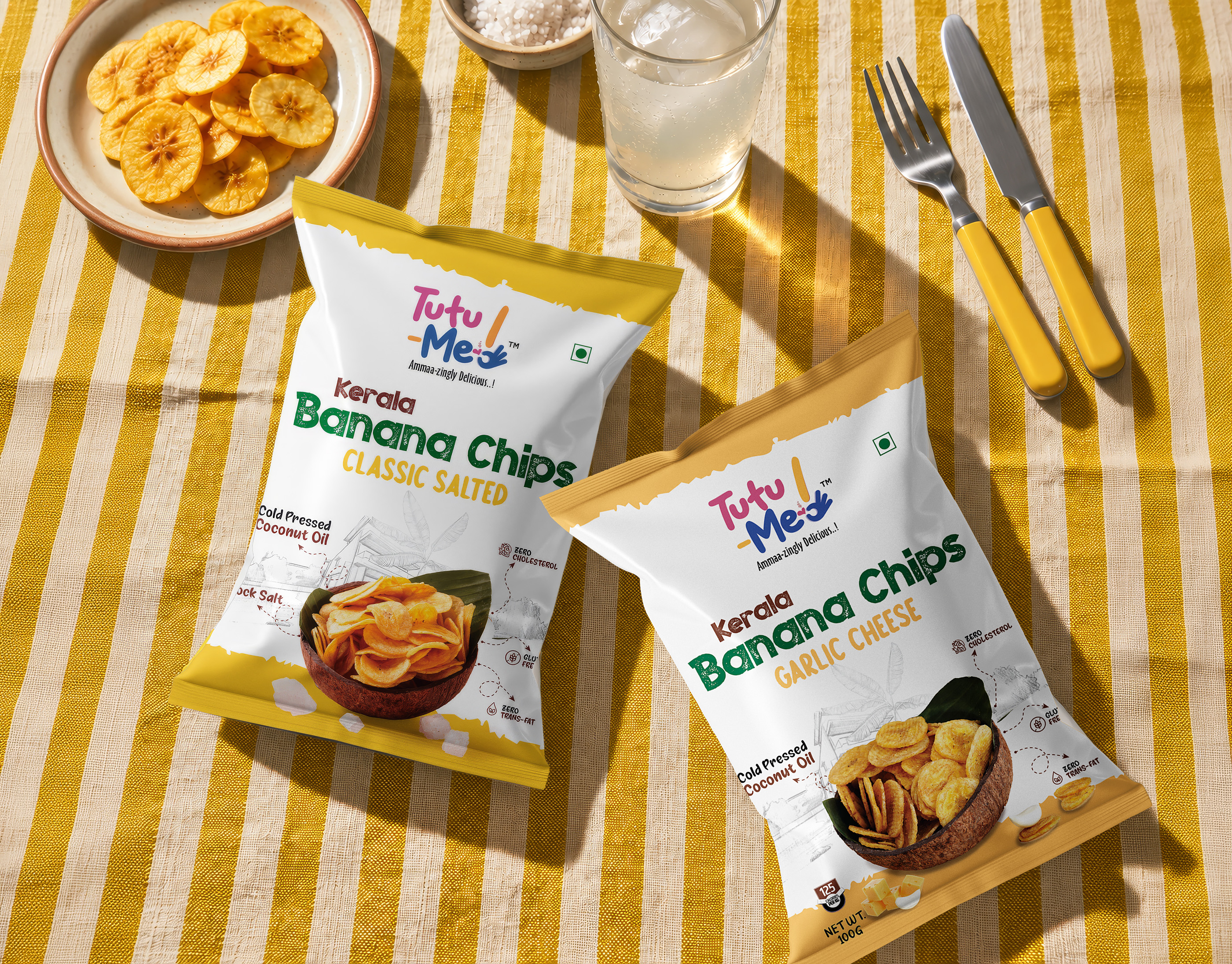 Tutu Me Kerala Banana Chips packs in Classic Salted and Garlic Cheese