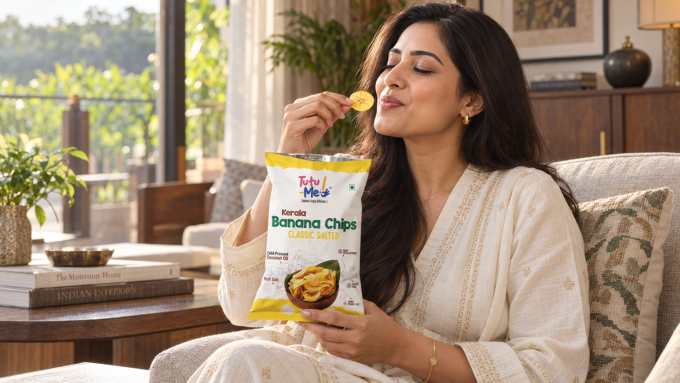 Woman enjoying Tutu Me Kerala Banana Chips Classic Salted at home