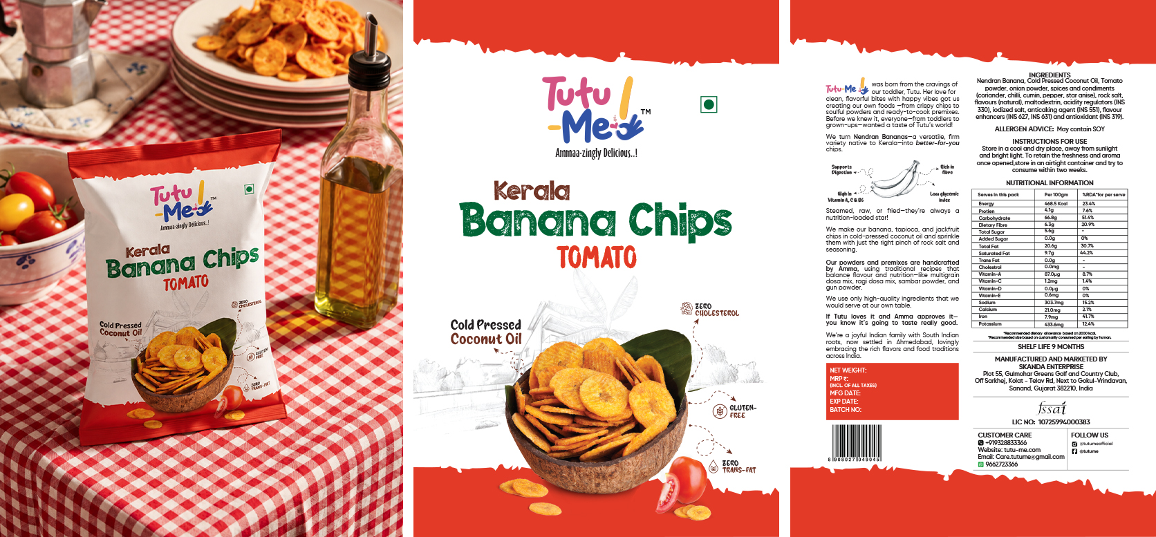 Flat pack artwork for Tutu Me Kerala Banana Chips Tomato, showing front panel, brand story and nutritional information