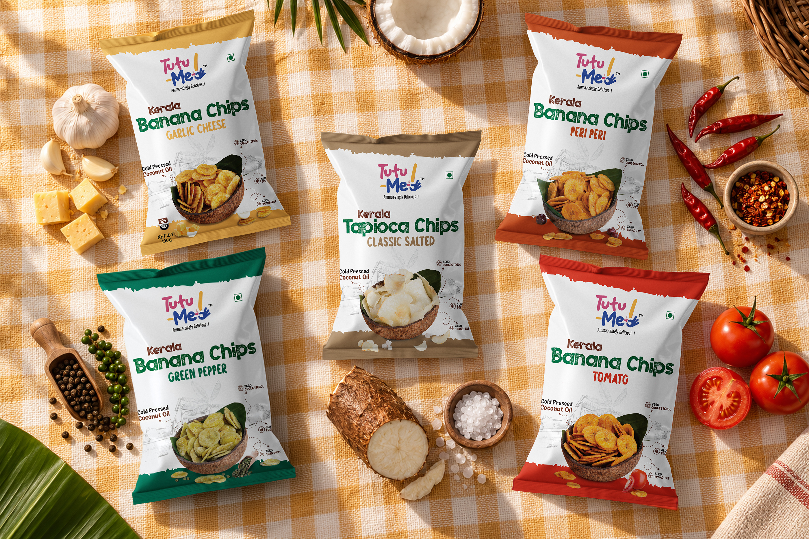 The full Tutu Me range of banana and tapioca chips with their ingredient cues