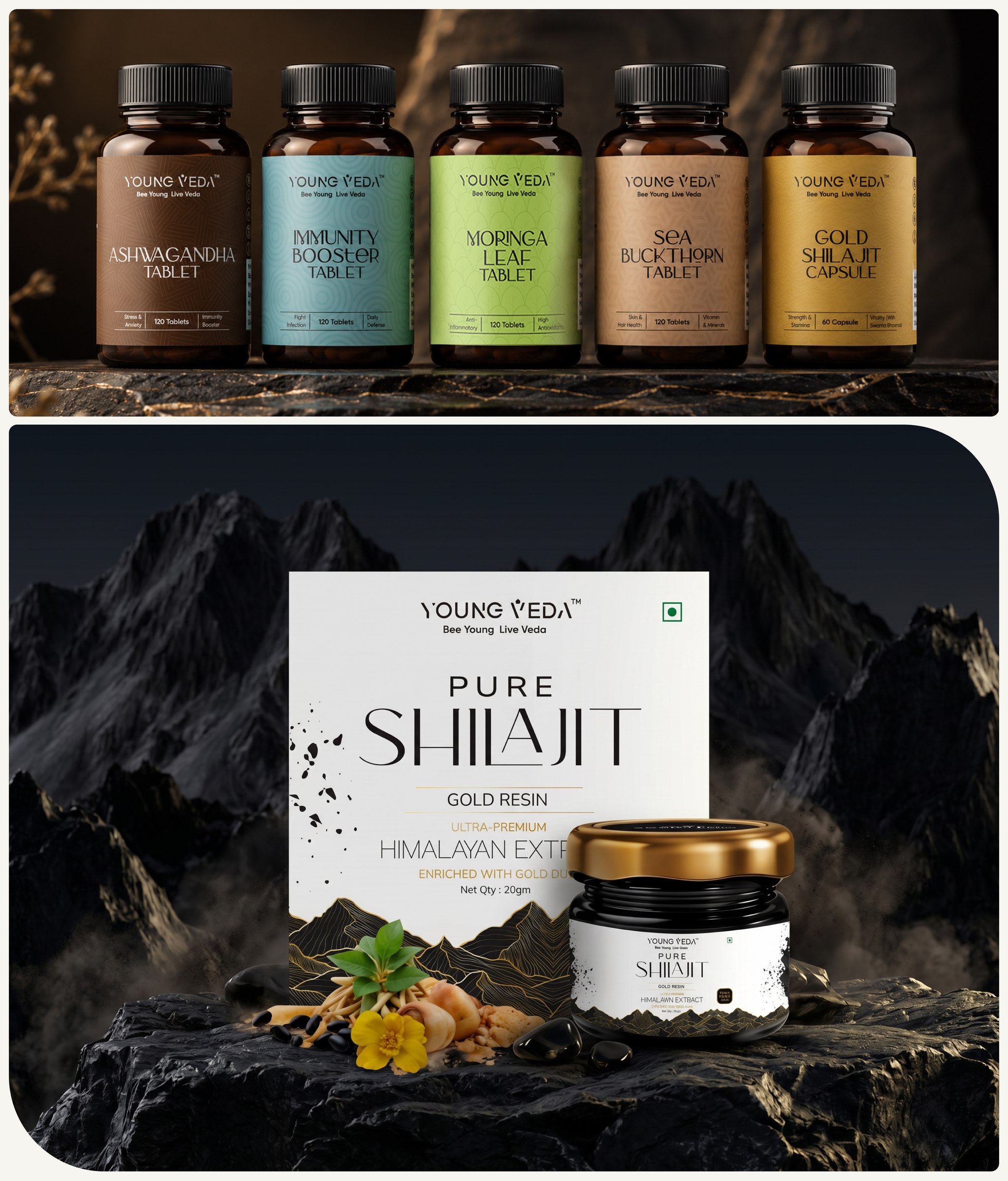 Young Veda product lineup and Pure Shilajit packaging