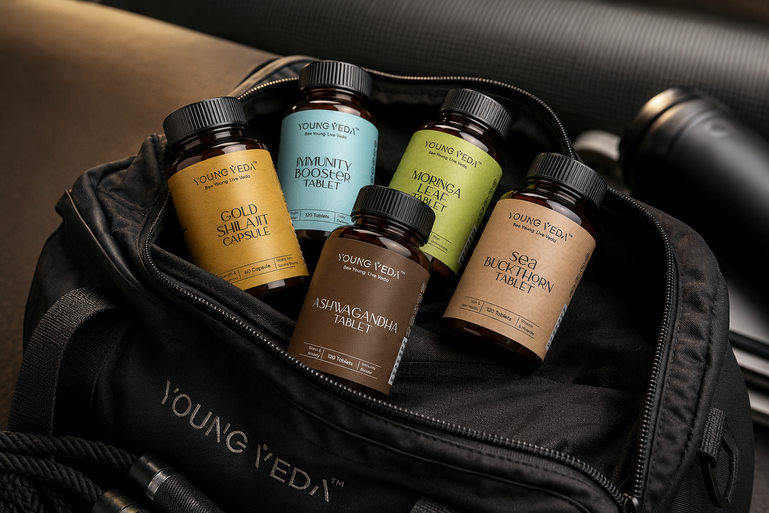 Young Veda supplement range packed in a branded gym bag