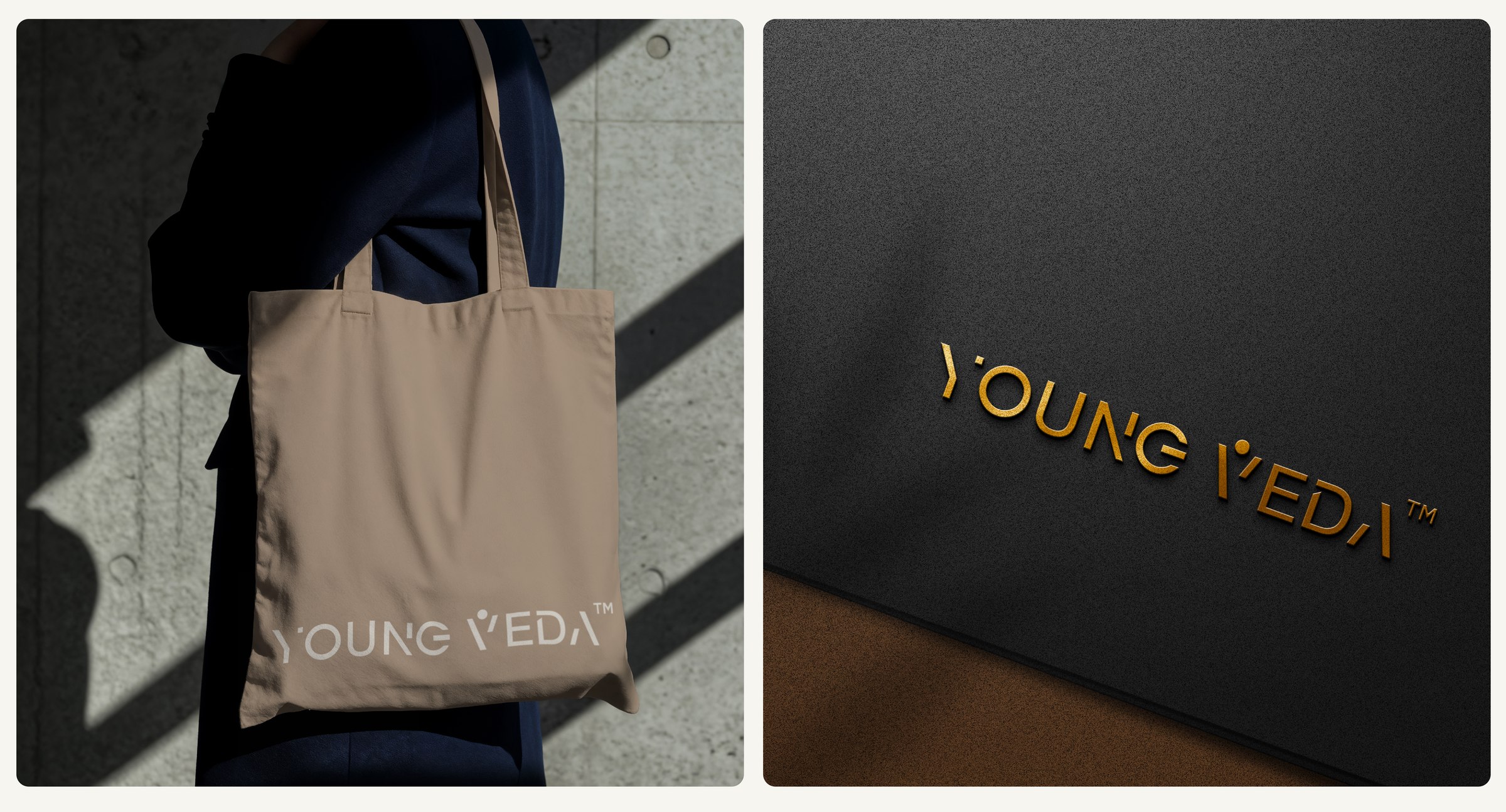Young Veda tote bag and embossed signage mockups
