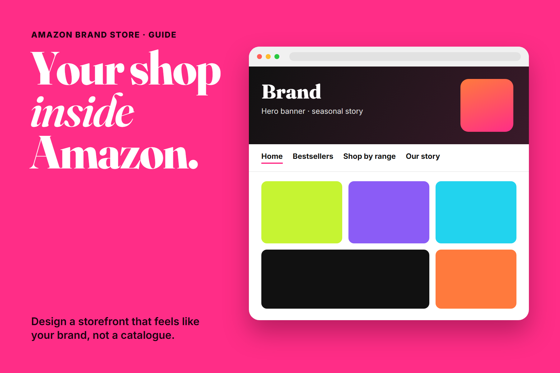 A browser showing an Amazon-style Brand Store with a hero banner, navigation tabs and product collection tiles