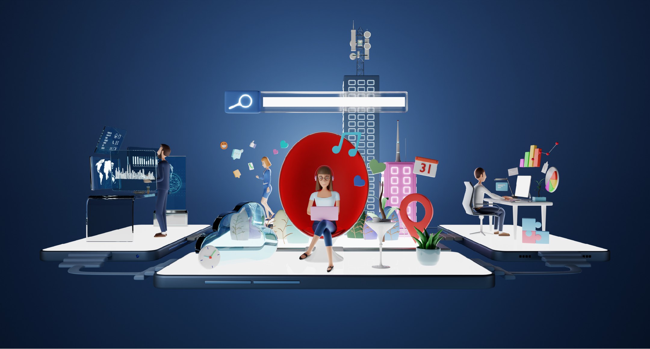 3D illustration of people managing social media and digital marketing