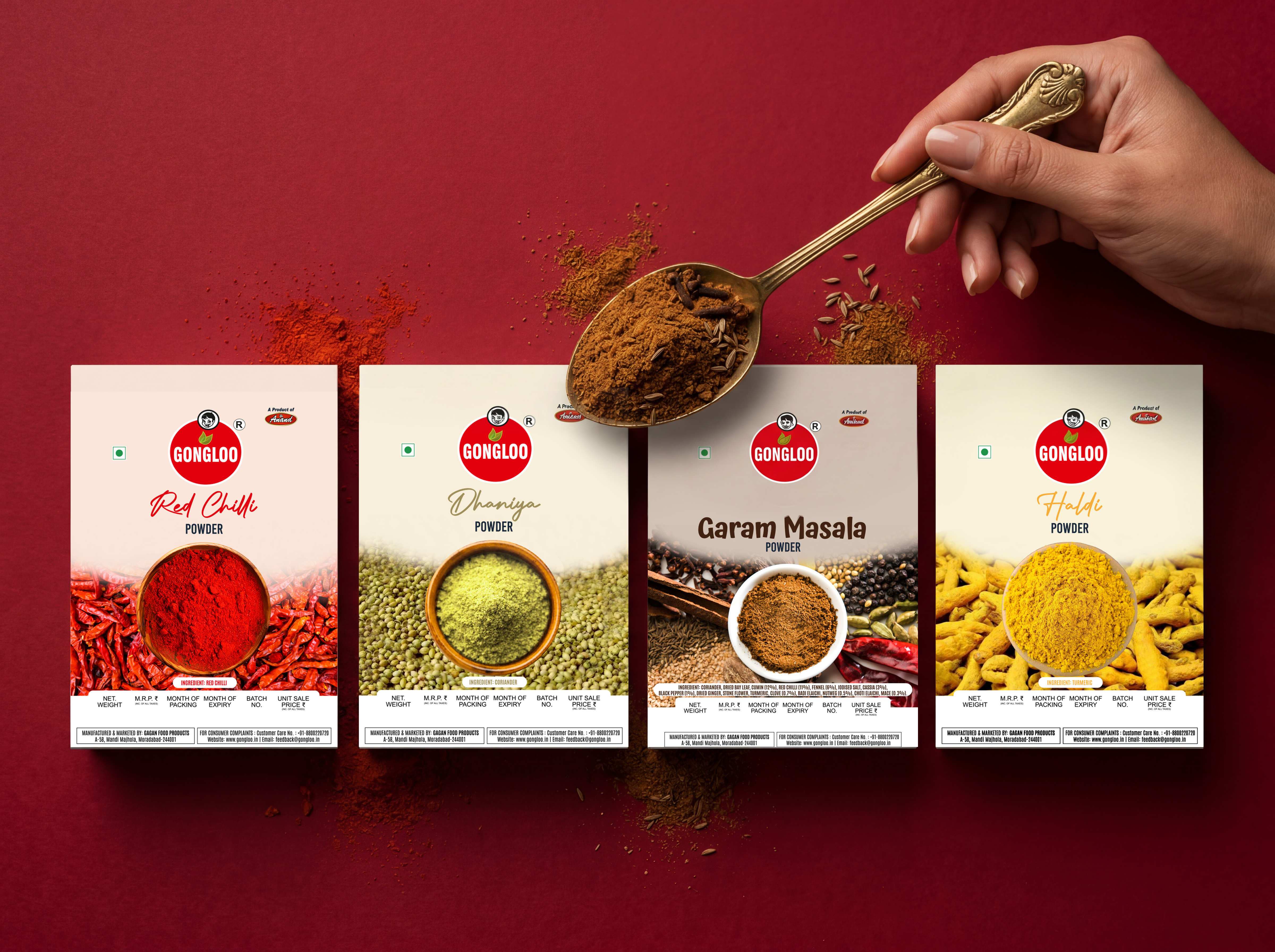 A range of four spice powder packs in one consistent layout, each showing its ground spice in a bowl against the whole ingredient