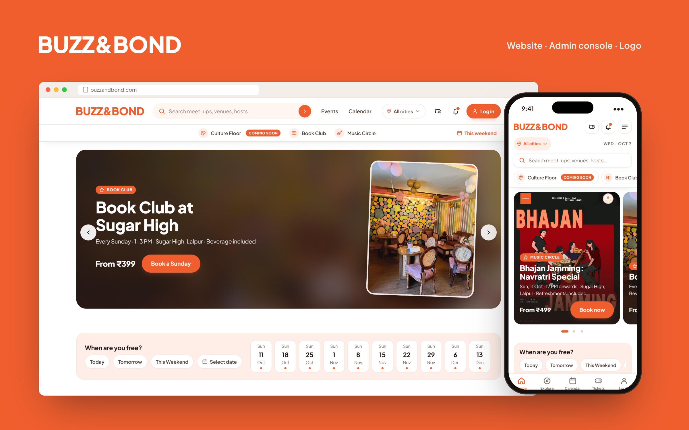 Buzz & Bond event booking website on desktop and phone